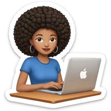 happy black girl with afro hairstyle using a laptop with an Apple logo, casual, friendly vibe sticker