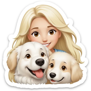 A very large a goofy looking Great Pyrenees and a blonde girls with long eyelashes who loves him and is smiling brightly  sticker
