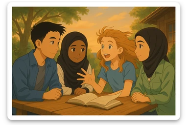 Continuation of the scene: another student is speaking while the others listen attentively. The wind blows gently, causing hair and clothes to move slightly. The book on the table has pages lifting due to the wind. Warm atmosphere, same group of students, same outdoor setting, in Ghibli style. sticker