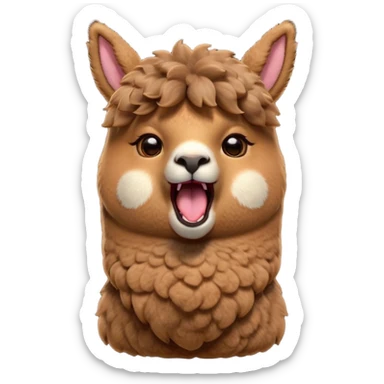Cinematic Cute Yawning Brown Alpaca Portrait Emoji, Head tilted slightly with a dramatic, wide-open yawn, showcasing a soft, plush brown fleece with gently drooping ears, round warm eyes barely open in drowsy contentment, Simplified yet irresistibly adorable features, highly detailed, glowing with a soft, cozy glow, high shine, relaxed yet expressive, stylized with a touch of whimsy, bright and endearing, soft glowing outline, capturing the essence of a sleepy yet affectionate alpaca, so drowsy it feels like it could stretch out of the screen and curl up for a nap! sticker