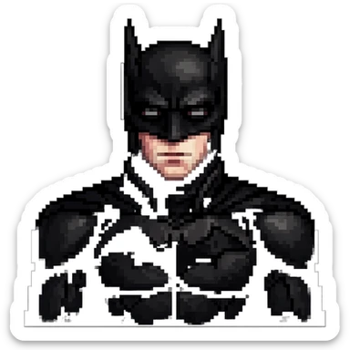 Edit the images to depict Robert Pattinson with a Batman look in pixel art style. Add a black cowl with bat ears and a dark suit. Keep the background transparent. The style should resemble pixel art with clear pixelated details and colors. sticker