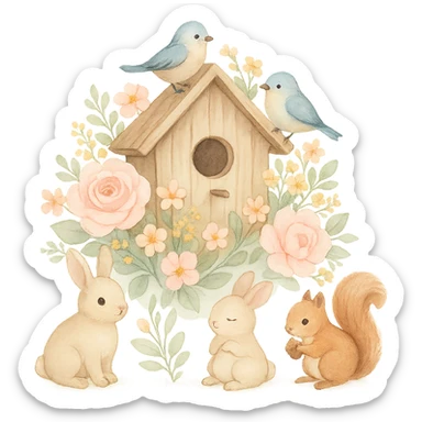 birdhouse with flowers and forest creatures including bunnies, birds, and squirrels, cozy pastel design with soft pastel colors, transparent background sticker