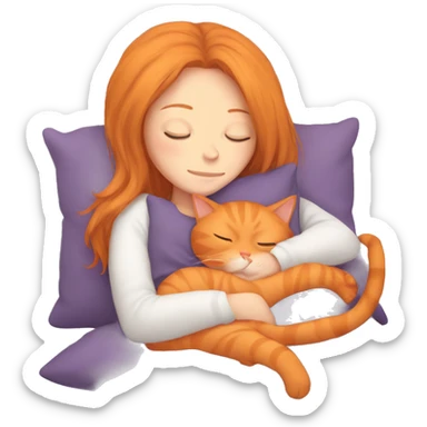orange cat sleeping with long haired brunette girl holding pillow sticker