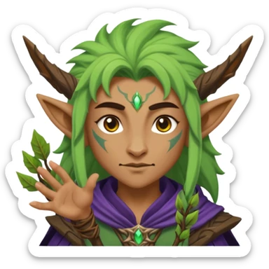 night elf druid, simplified and bold, clear facial expression, with animal features or nature magic, fun and readable at small size, sized and composed for Twitch emoji, no text sticker