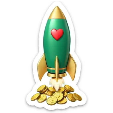 3D rocket with coins and hearts, deep green color (#0B3D2C), gold accents (#C9B037), cream highlights, glossy modern style, transparent background sticker