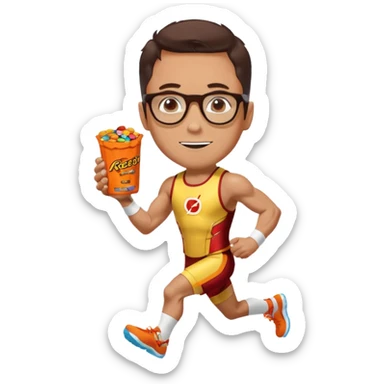 Ironman athletic built wearing a singlet, tan, sutro glasses, half tights, gels for running and loves recess pieces and watching tv but also a social worker sticker