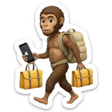 Draw an Australopithecus walking like a nomad, carrying a cloth bundle on its back and holding an iPhone in one hand and an open laptop (screen visible) in the other, in a cute flat iPhone emoji style sticker