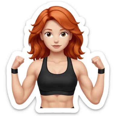 Athletic girl with long light red wavy hair and smaller boobs bigger arms. middle part and black sports bra sticker
