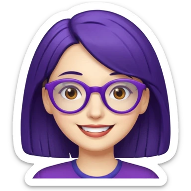 Cartoon adult woman with purple glasses, brown eyes, and dark blue medium length hair sticker