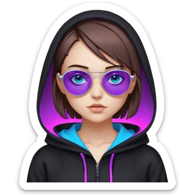 
girl with brown bob and blue eyes in a black hoodie and sunglasses. Cyberpunk style. Violet neon. sticker