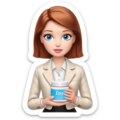 A Barbie girl with blue eyes, shoulder-length reddish-brown hair with makeup, wearing a white tweed jacket and a black skirt, holds pale beige body moisturizer cream pot sticker