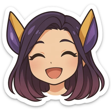 Create a chibi style emote of Kaisa from League of Legends showing a happy expression, only the head is visible. This is alternate happy expression 2 with a transparent background. sticker