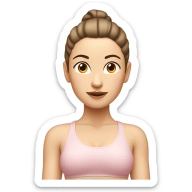 A White woman with brunette hair in a high ponytail doing yoga in beige and light pink sticker