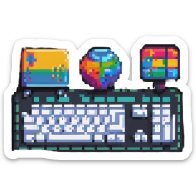 Colorful IT tech badge pixel art with simple keyboard symbol, vibrant colors sticker
