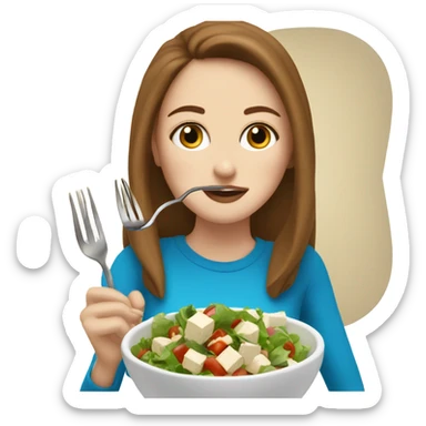 White girl Brown hair blue eyes freackles eating Tofu salad with fork sticker