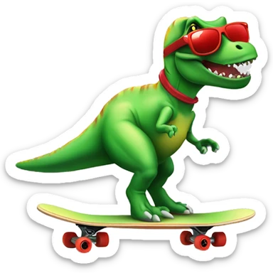 Green T-rex on a skateboard with red sunglasses sticker