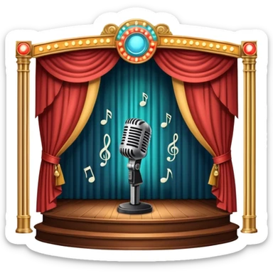 Icon for 50s American Musical Theater: a retro stage with neon lights, a classic microphone, musical notes, vintage theater curtains, and Broadway-style elements. Avoid focusing solely on the piano. Transparent background. sticker