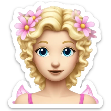 Fairy, a blonde hair with blue eyes and a pink dress with sparkly wings. Flowers. White wings. The fairy has long, curly hair with a lot of volume sticker