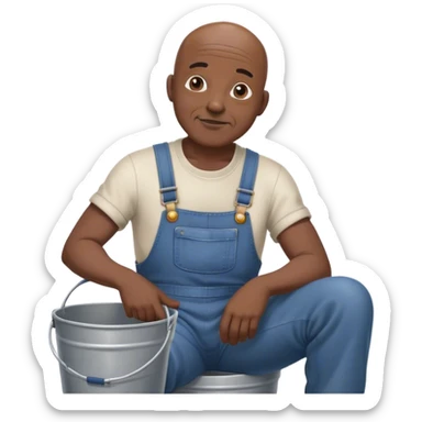 Old bald black man sitting on bucket wearing overalls sticker