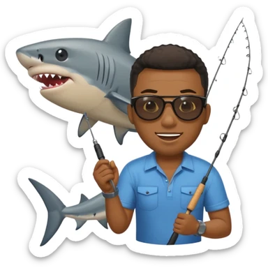 Black man reeling in a shark with a fishing pole, emoji style sticker
