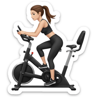 woman with long brown hair pulled back, fair skin, wearing ankle-length leggings on a stationary bike sticker