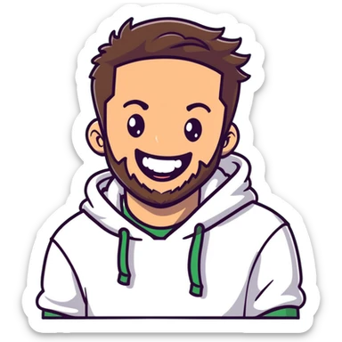 laughing guy with white hoodie, green t-shirt underneath, green eyes, dark brown undercut hairstyle and a short full beard sticker
