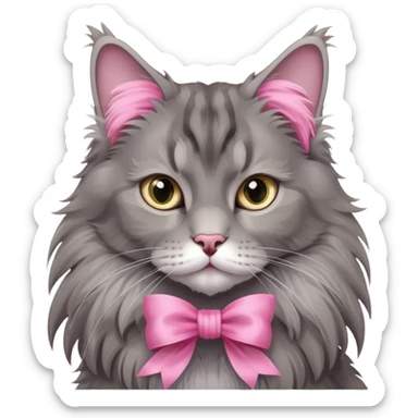 A grey Maine coon Neck Wearing a pink silk ribbon sticker
