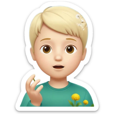 A 3D cartoon child blowing on a dandelion, seeds flying in the air, sunny garden background, realistic Memoji-style. sticker