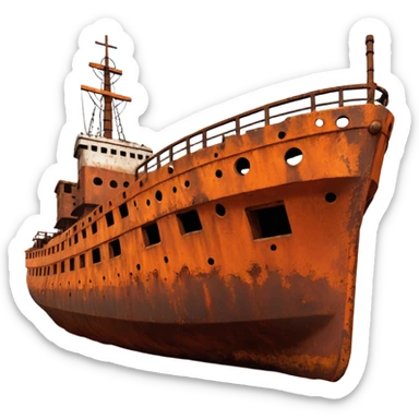 rusted ship wreck, heavily corroded metal hull, orange-brown rust textures, abandoned old ship, weathered surface, dramatic lighting, cinematic atmosphere, 3D cartoon style, mobile game environment art, clean composition, no people, no text, no watermark
 sticker