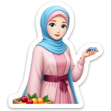 Turkish beautiful finish Konya girls blue eyes with lovely cherry blossom hijab long tail dress and the friends shopping in a market fruits sticker