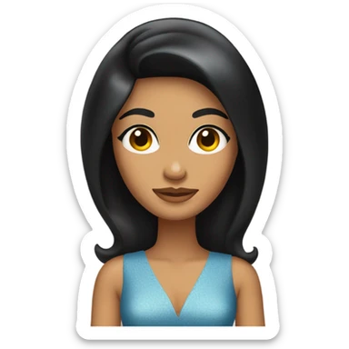 Tanned woman with long black hair wearing 1960s style dress and hair sticker