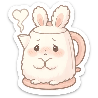 cute kawaii electric kettle bunny, shy and fluffy, steam heart, pastel white and pink, full-body sticker