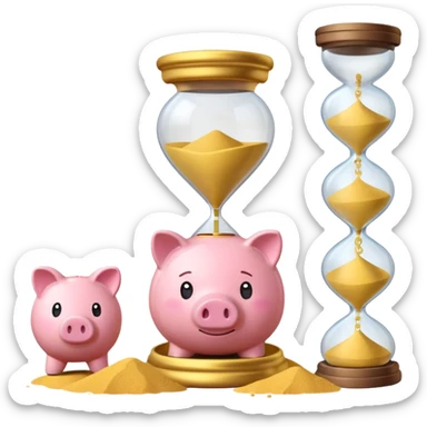 A minimalist emoji-style icon: A stylized piggy bank with a coin dropping into it, next to an hourglass. The hourglass symbolizes time and long-term savings for retirement. Simple shapes, flat bright colors, emoji-like design. sticker