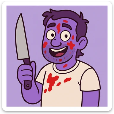 Edit the image of a man to have purple skin, keep everything else as in the original, stylized, holding a knife, ketchup on the face, friendly expression, light background. sticker