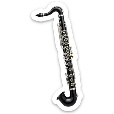 Create a sleek and professional emoji representing a black standard clarinet. The design should feature the smooth, black finish of the clarinet’s body with its shiny metal keys clearly visible. Highlight the mouthpiece with the reed at the top of the instrument. Include subtle details like the metal rings and key pads to emphasize its high-quality construction. Use black and silver tones to capture the classic and refined look of a traditional clarinet. Add soft musical notes around the instrument to evoke its melodic sound. The background should be transparent. sticker
