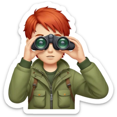 smiled boy's outdoor clothes whit red hair with binocular and white background  sticker