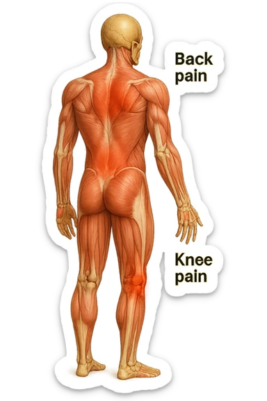 corpo umano anatomico con mal di schiena e al ginocchio, iperrealiùstico 4k sticker
