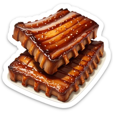 cinematic-realistic-barbeque-ribs-dish-emoji,-depicted-as-succulent,-slow-cooked-ribs-with-a-sticky-smoky-glaze-rendered-with-rich-textures-and-dynamic,-appetizing-lighting. baby back spare ribs sticker