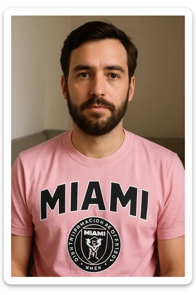 man with brown eyes, brown beard, and brown hair, wearing a Miami soccer shirt sticker