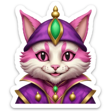 court jester cat medieval, single poker card joker clearly visible, pink, face only sticker
