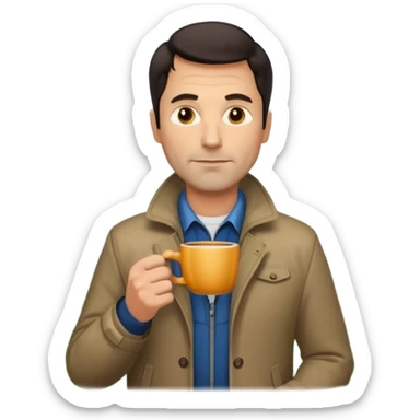 A handsome 45 year old white man with dark hair in a very foggy park drinking a cup of coffee sticker