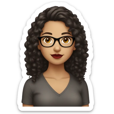 syrian girl, really dark brown hair, curly hair, dark brown eyes, black glasses, red lips. sticker