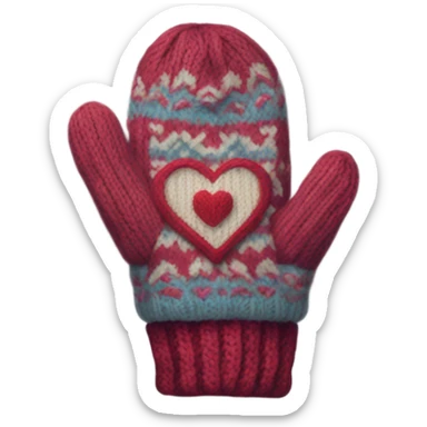 A pair of cozy knitted mittens with a heart design sticker