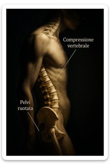 realistic and cinematic anatomical image: side view of human body with rotated pelvis, visible vertebrae compression, dramatic clinical lighting, captions in Italian, aspect ratio 2:3. sticker
