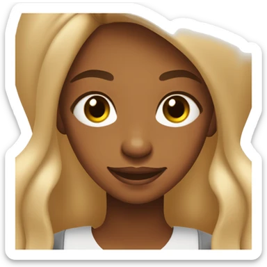 Brown girl with soft blonde locks, eyes a little pulled, happy light brown. With an iPhone 13 pro max cell phone and idea symbols sticker