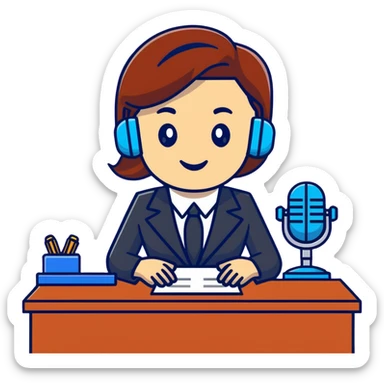 news anchor reporting at desk with microphone sticker