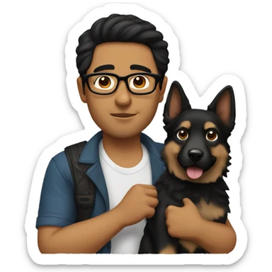 a Mexican man with black hair and glasses holding a German Shepard  sticker