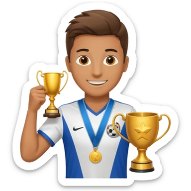 happy soccer player with a first-place medal and a trophy sticker