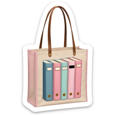 Beige canvas tote bag with pastel pink books inside, minimal background sticker