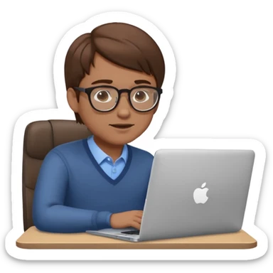 memoji of a man with a laptop in front, apple-style,modern,brown hair light skin ton and natural emotion looking on his pc sticker